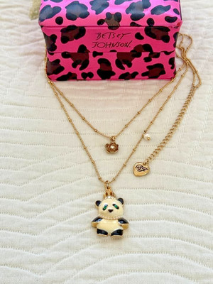 Betsey Johnson BJ Double Panda Necklace Gold Flower Crystal Pearl Enamel w/ Box