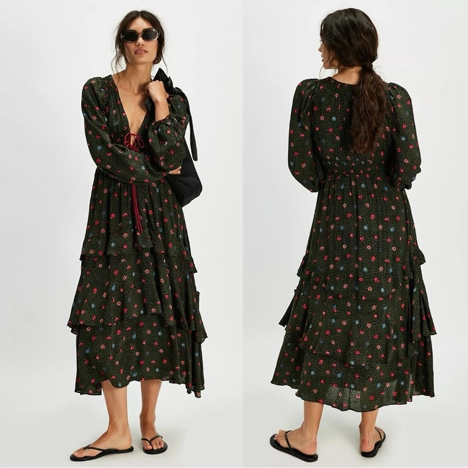 Free People Bohemian Gypsy Tiered Ruffle Maxi Dress Large Witchy Plunge Fall - Image 2 of 4