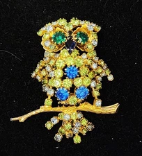 Vintage Alice Caviness Articulated Owl  Rhinestone Unsigned Pin 2.5"