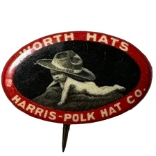 Worth Hats Harris Polk Hat Co Baby Wearing Hat 1"W Celluloid Pinback Button