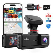 REDTIGER 4K Dash Cam Front and Rear,3.18" IPS Touch Screen Car Camera,64GB Card