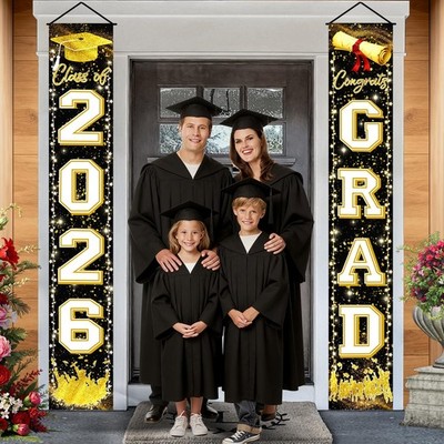 Black Gold Graduation Decorations Class of 2026 Congrats GRAD Porch Sign Banner 