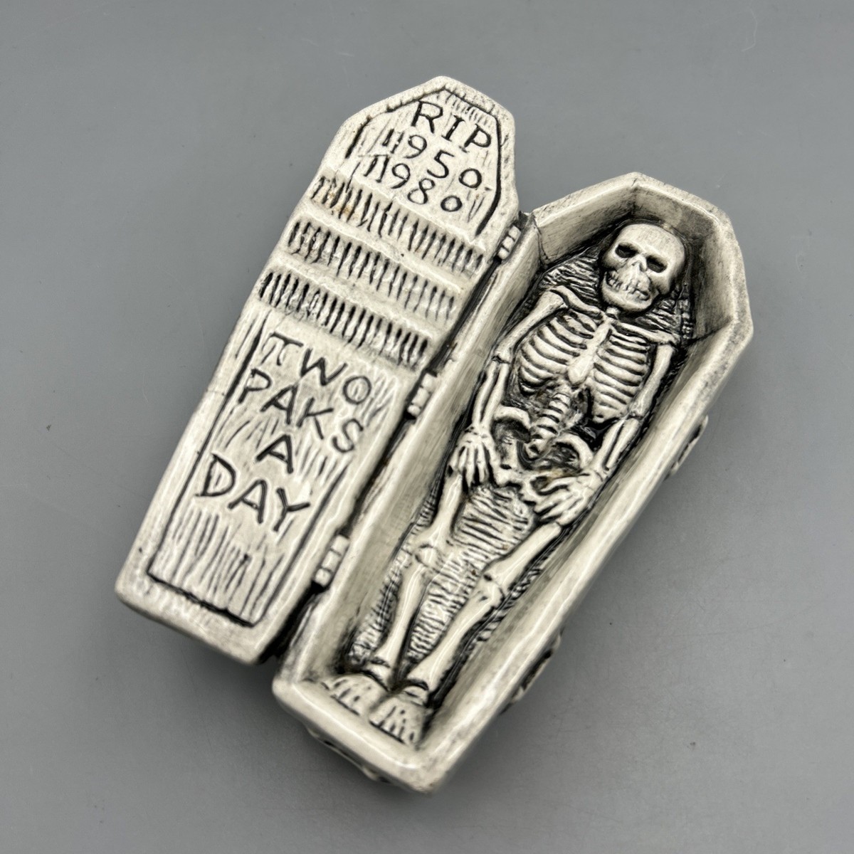 Vtg 1980's Jim Rumph Skeleton Coffin Ceramic Ashtray Anti-Smoking