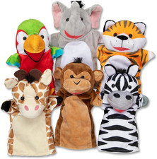 Safari Buddies Hand Puppets, Set of 6 Elephant, Tiger, Parrot, Giraffe, Monkey,