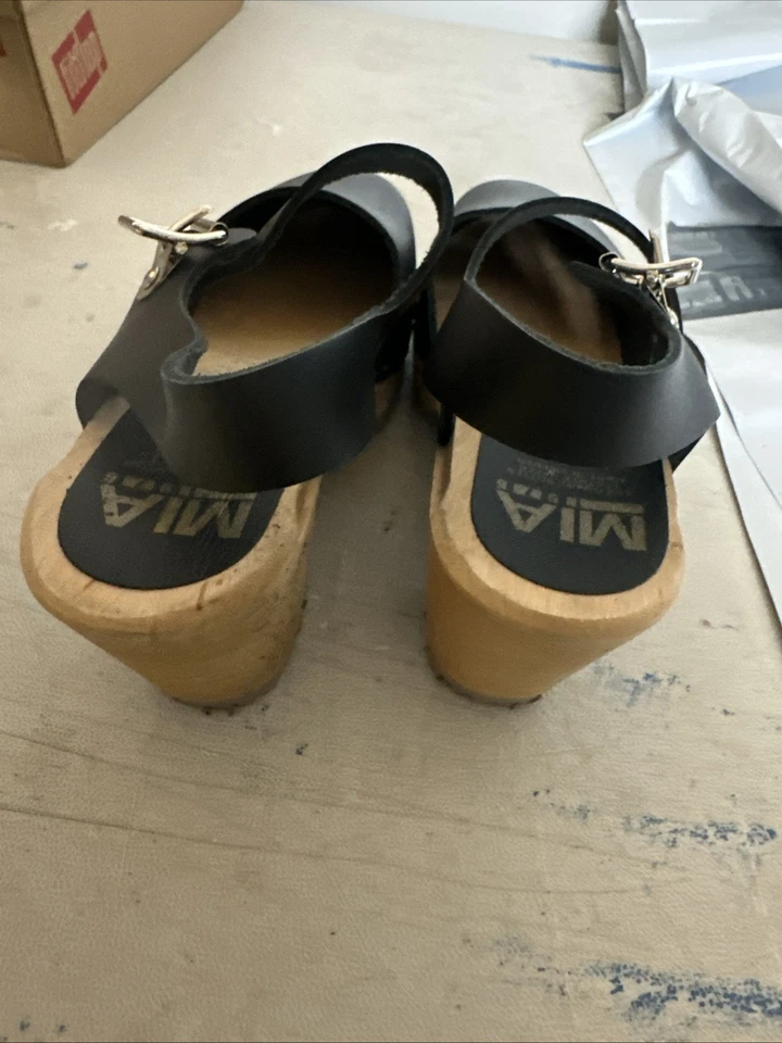 MIA Abba Clog Shoe Black Leather Slingback Swedish Heel Sandals Womens 39 / 9 US - Image 3 of 4