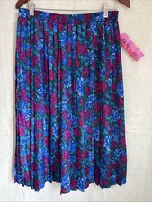NEW VINTAGE Floral Silky Pleated Skirt Modest Sz L Midi Purple Blue Jewel Tones