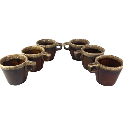 Vintage Hull Pottery Coffee Mugs Cups Oven Proof USA Brown Drip Glaze Set Of 6