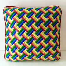 Handmade Needlepoint Pillow Rainbow Geometric Pattern – Red Velvet Back - 16x16”
