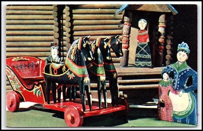 Vintage 1972 Russische Volkskunst Spielzeug Troika Schlitten Blockhaus Postka...