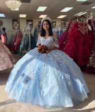 Sky Blue Quinceanera Dresses 3D Flowers Off The Shoulder Prom Ball Gown Vestidos