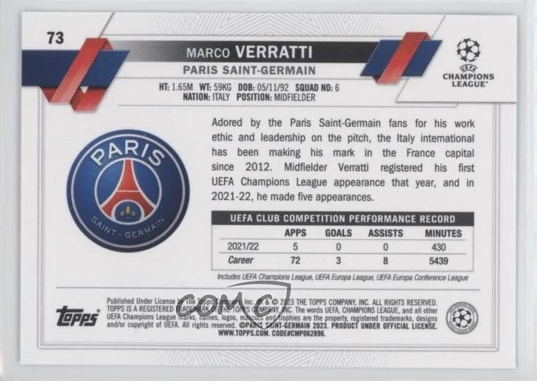 2022 Topps UEFA Club Competitions 1st Edition Starball Foil Marco Verratti #73 - Image 2 of 2