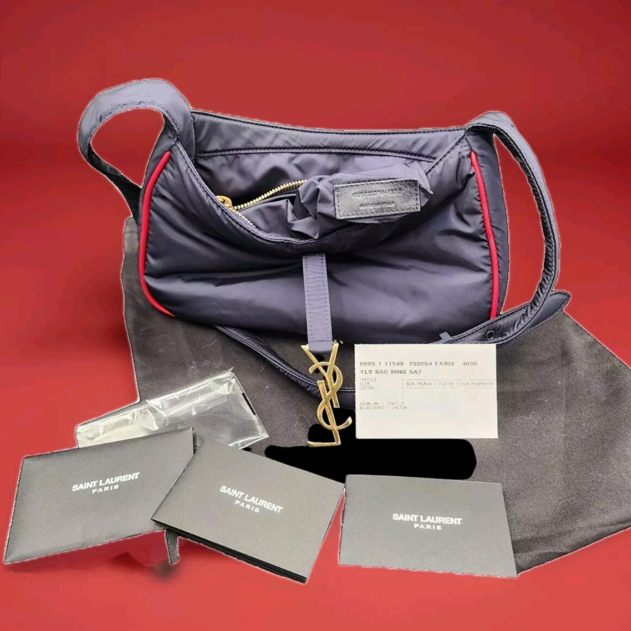 Borsa Saint Laurent Le 5À7 Mini Nylon Nero e Rosso Bordo Pelle YSL Serie #733294