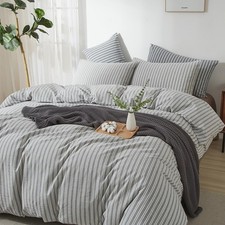 Striped Duvet Cover Set 100 Washed Cotton Linen Feel Full Linen Like Textu...