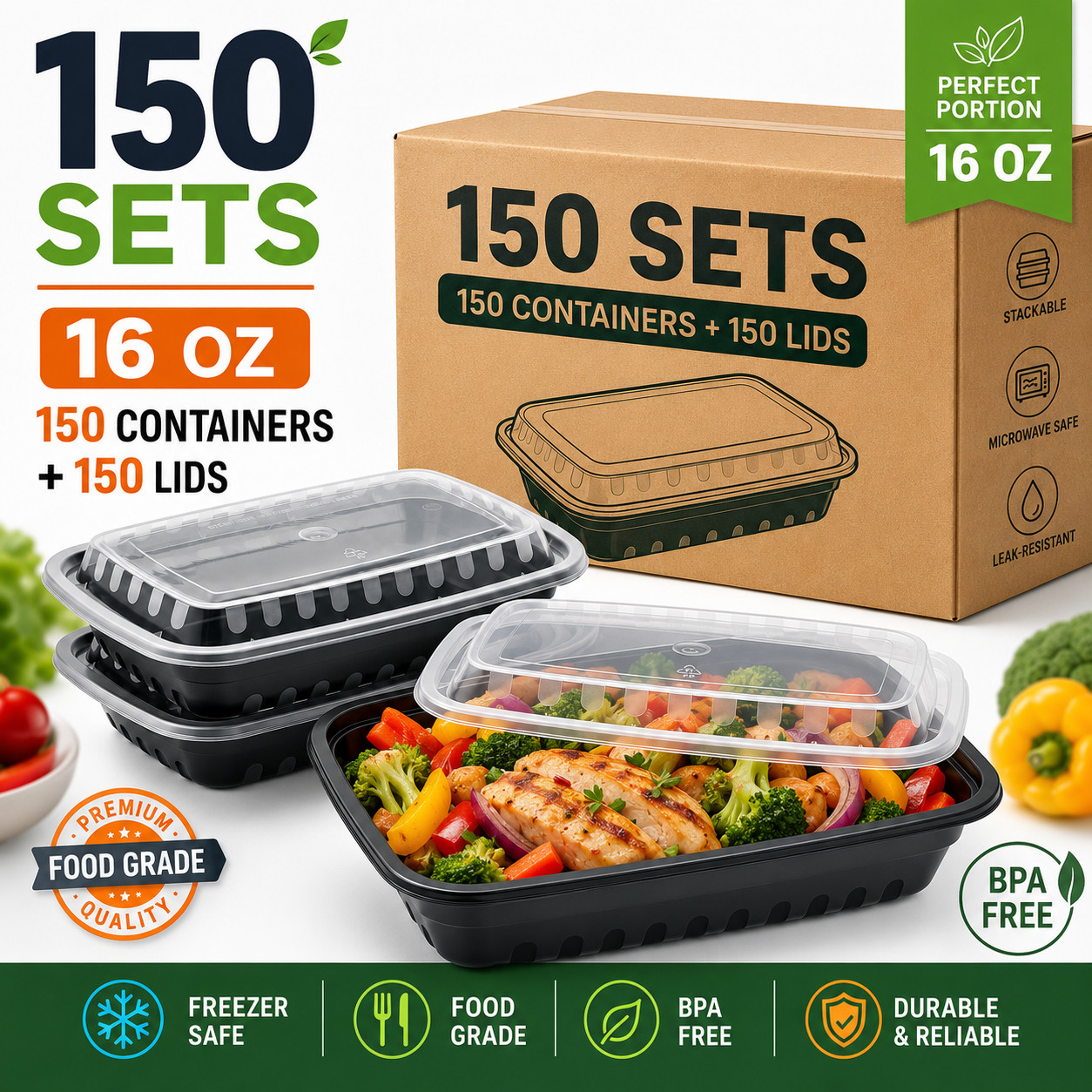 16 oz Rectangular Microwaveable Food Containers with Lids 150 Set