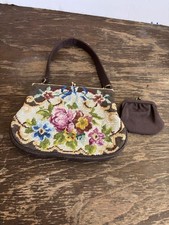 Vintage Floral Needlepoint Tapestry Handbag KISS Lock Purse W/coin Purse Talon