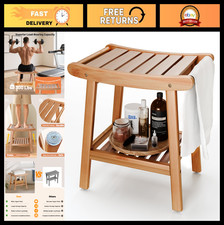 Natural Bamboo Shower Stool Bench with Storage Shelf - Ergonomic, Non-Slip, 300l