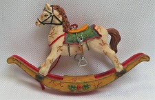 Vintage Rustic Cream  Tan w/Holly Rocking Horse Christmas Ornament 6in Long
