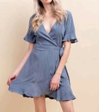 Honey Belle Wrap Ruffle Trim Dress Blue Small NWT
