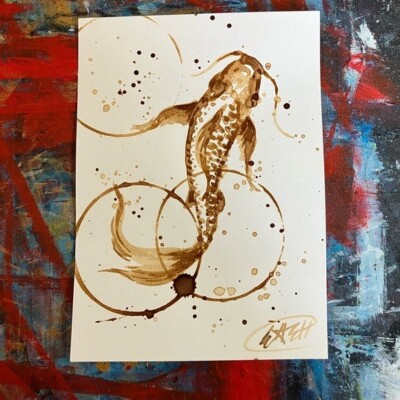 Original Painting Koi painting coffee art NEW artwork Java bistro fish Artettina