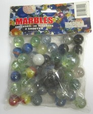 VINTAGE FUN TIME MARBLES 38 PACK SPECKLED CATS EYE 2 SHOOTERS UNOPENED BAG MIXED