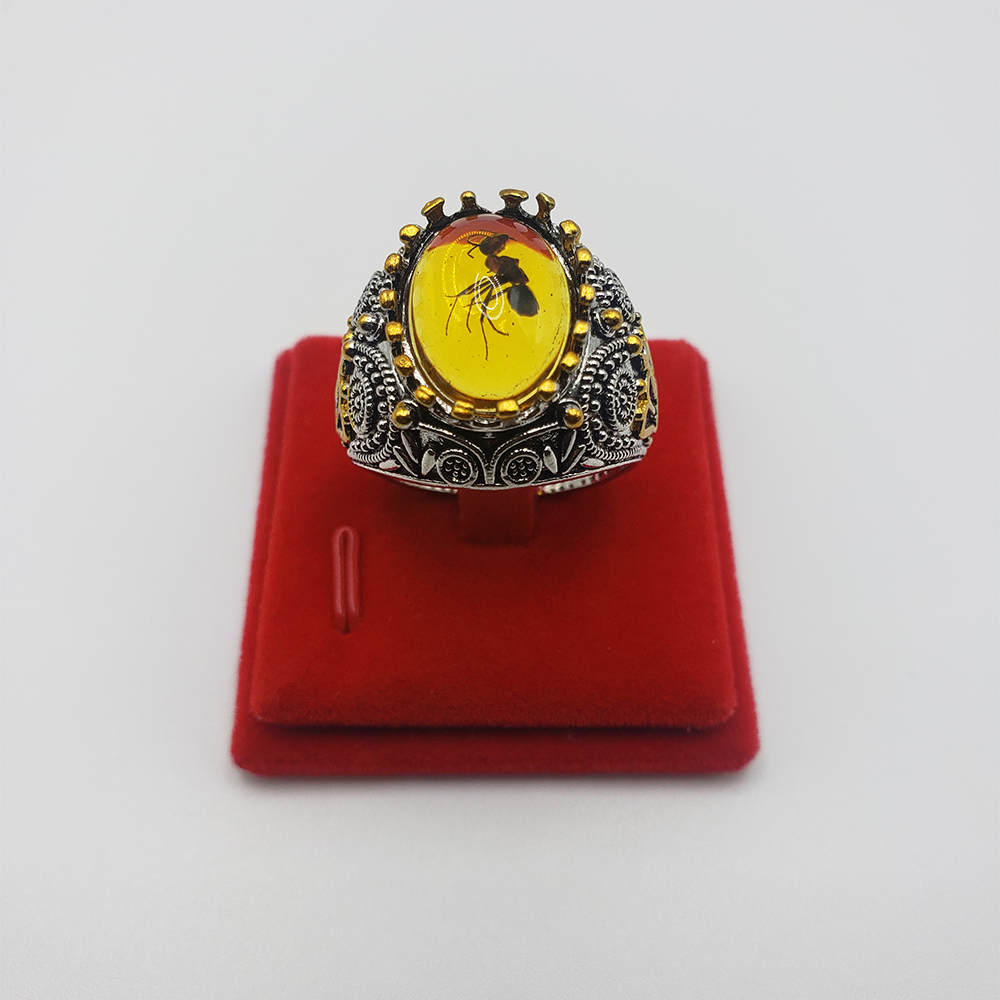 Silver Antique Big Oval Yellow Resin Stone Ant Amber Ring For Men