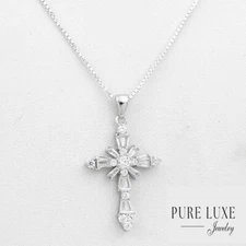 Women's Sterling Silver Cross CZ 32mm Small Pendant 18" Necklace.BOX