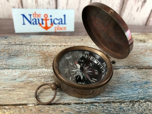 Antique Finish Brass Compass With Hinged Lid, Old Pocket Style, Maritime - Picture 2 of 5
