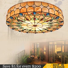 23 Inch Ceiling Light Tiffany Style Stained Glass Shade Flush Mount Ceiling Lamp