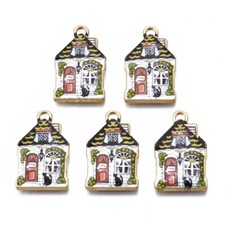 Enamel Charms Cottage House With Black Cat Decal 22mm x 13mm 10pcs E150