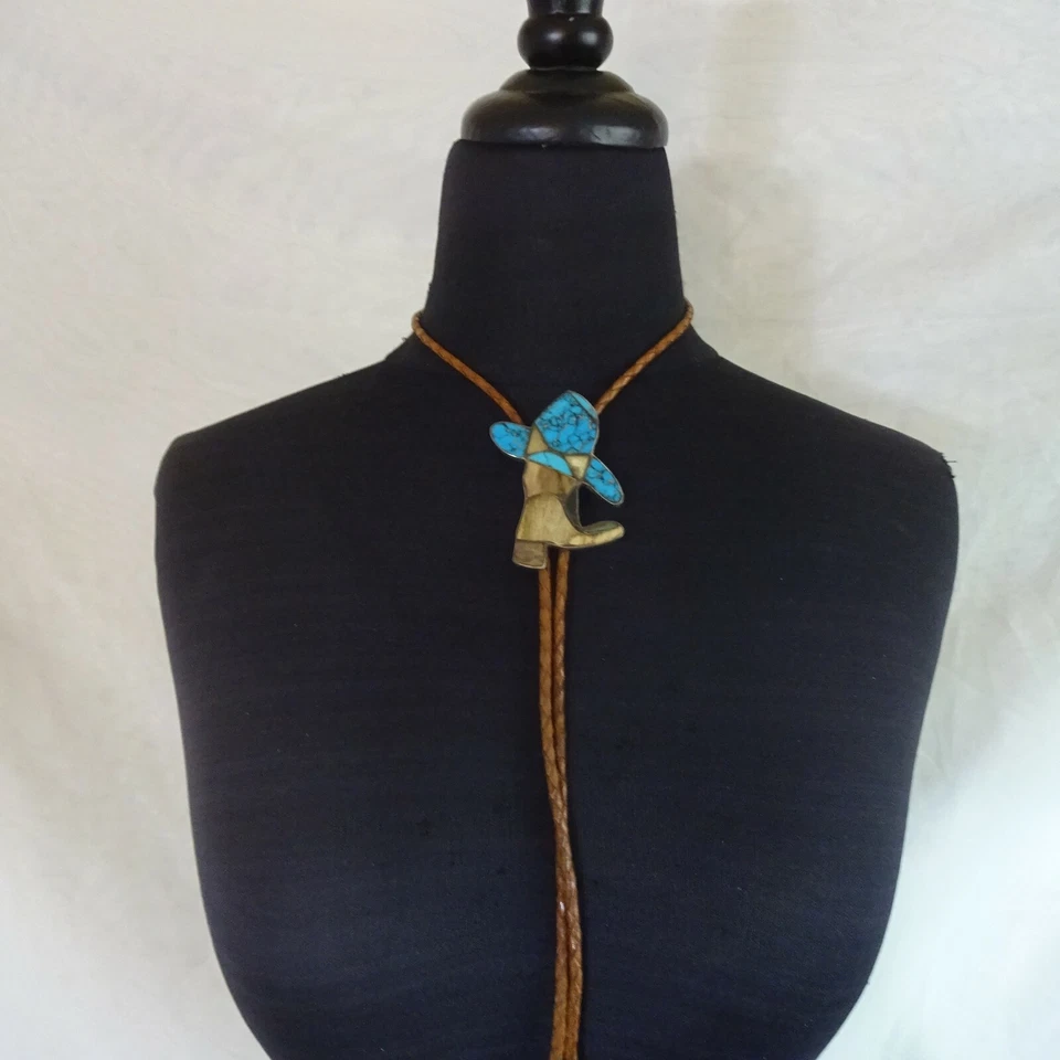 Bota Sombrero Vaquero Vintage SUROESTE Plata Esterlina BOLO CORBATA Piedras con Incrustaciones Foto 3 de 4
