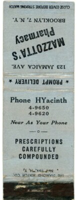 Mazzotta's Pharmacy, Prescriptions Carefully Made, NY Vintage Matchbook Cover