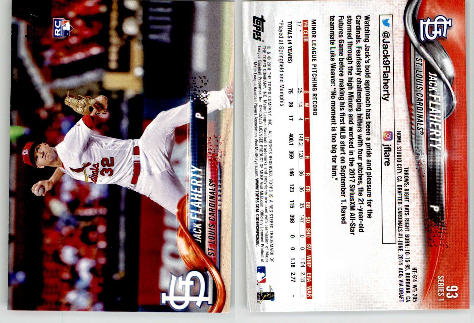 Jack Flaherty 2018 Topps #93 Cardinals Dodgers RC Rookie