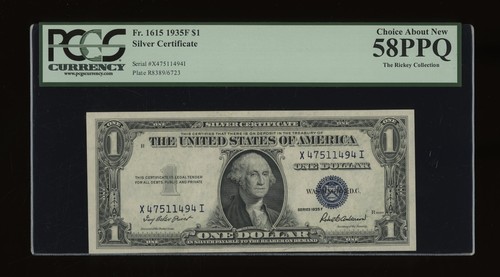 DBR $1 1935-F Silver Fr. 1615 XI Block PCGS 58 PPQ Serial X47511494I