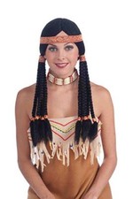 Native American Princess Wig Blk Middle Part W/ Long Braided Pigtails Band