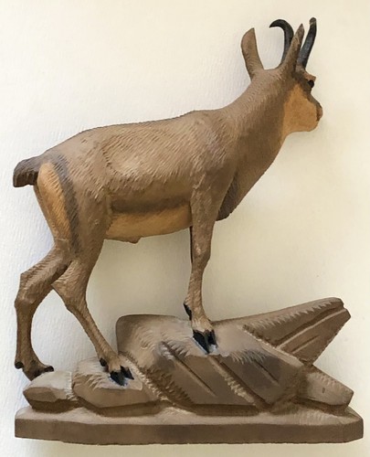 Antique Swiss Switzerland Ibex Hand Carved Wood Carving Black Forest Label Sign - Bild 3 von 11