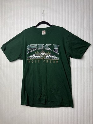 VTG 90 s Colorado Wolf Creek T-Shirt Puff Print Aztec Ski Mountain Green Sz. Lg