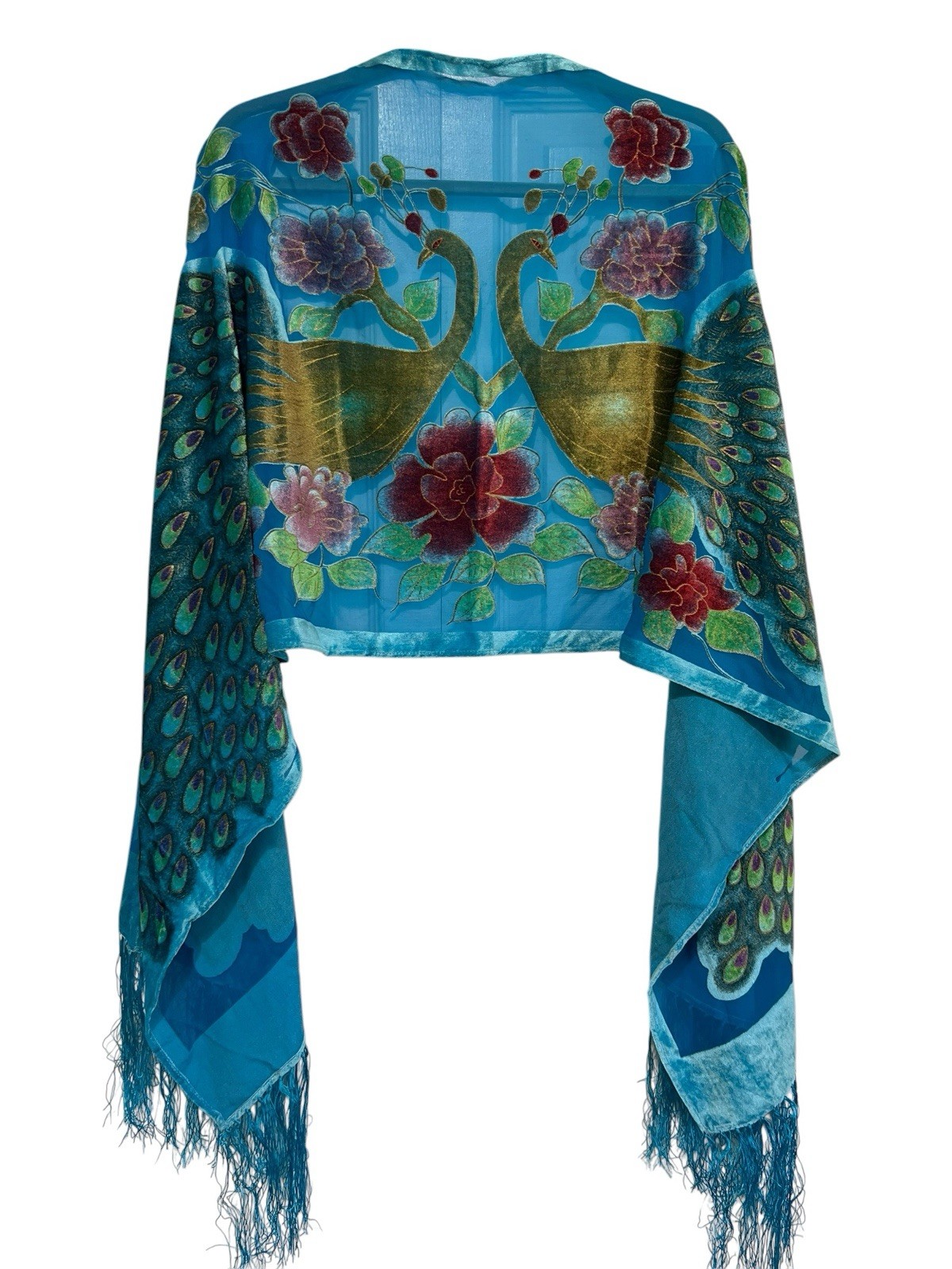 Peacock Burnout Velvet Scarf Shawl Fringe Detail