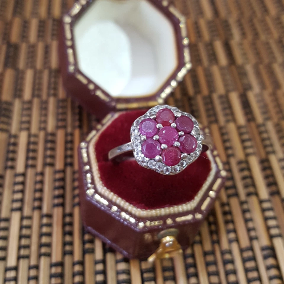 925 Sterling Silver Ring, Genuine Ruby And Topaz Ring, Size N US 6.75, Floral  - Image 3 of 4