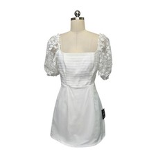 Lulus White Floral Embroidered Puff Sleeve Bow Back Mini Dress Small NEW