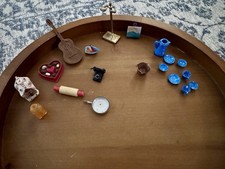 VTG Lot Dollhouse 18 Pc Accessories Mostly Metal RotaryPhone Plates Cups/Pitcher
