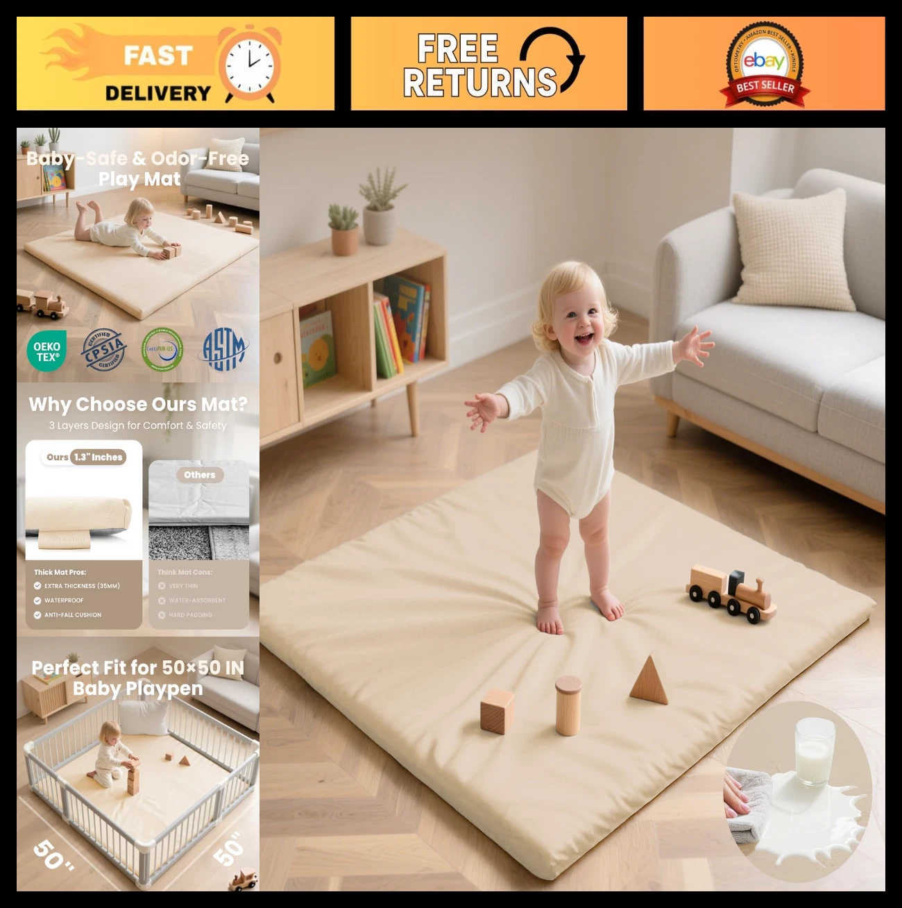 Padded Baby Play Mat 50x50" Waterproof Non-Slip Nursery Rug for Infants & Toddle