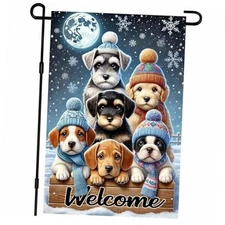 Winter Garden Flag 12x18 Inch Christmas Garden Flag Five adorable puppies