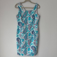 Talbots Dress Women's 6 Blue Pink Floral Paisley Sleeveless Sheath Lined Summer