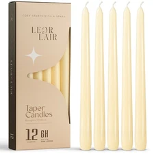 Leor & Lair Taper Candles - 12 Pack - 10" Tall Candlesticks, Unscented, 6+ Hours