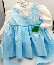 VTG 80's Nannette Blue Dress w/Faux Jumper White Embroidery 18-24mo Baby Girl