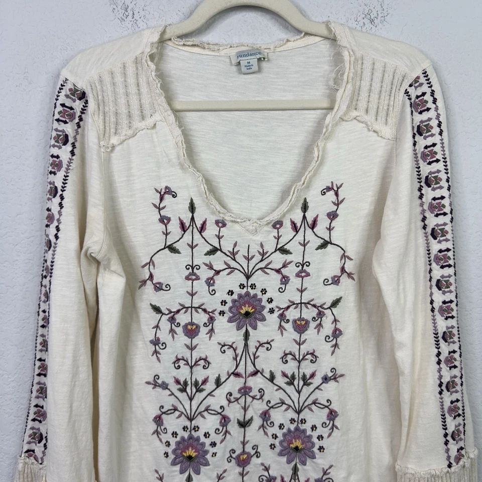 Sundance Shirt Women’s M Cream Floral Cotton Embroidered Boho Peasant Hippie - Image 3 of 4