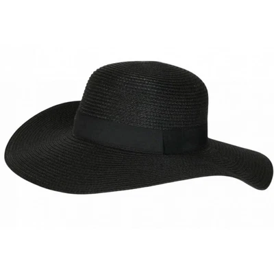 Chapeau Paille Femme Noir Large Bord Capeline Eté Elégante Protection Soleil-Ta - Photo 1/4