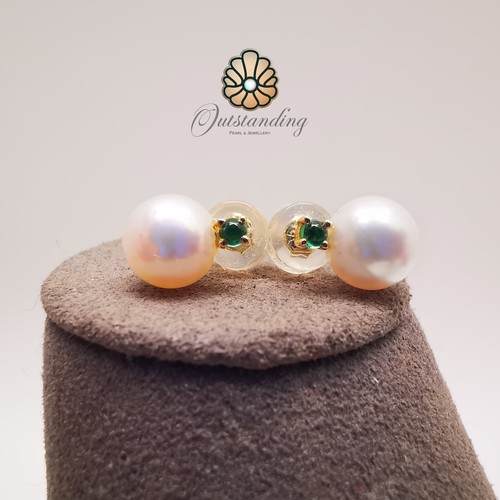 Genuine AAA 7mm Akoya White Pearl Earrings Hallmark 18ct Gold Real Emerald - Picture 2 of 24