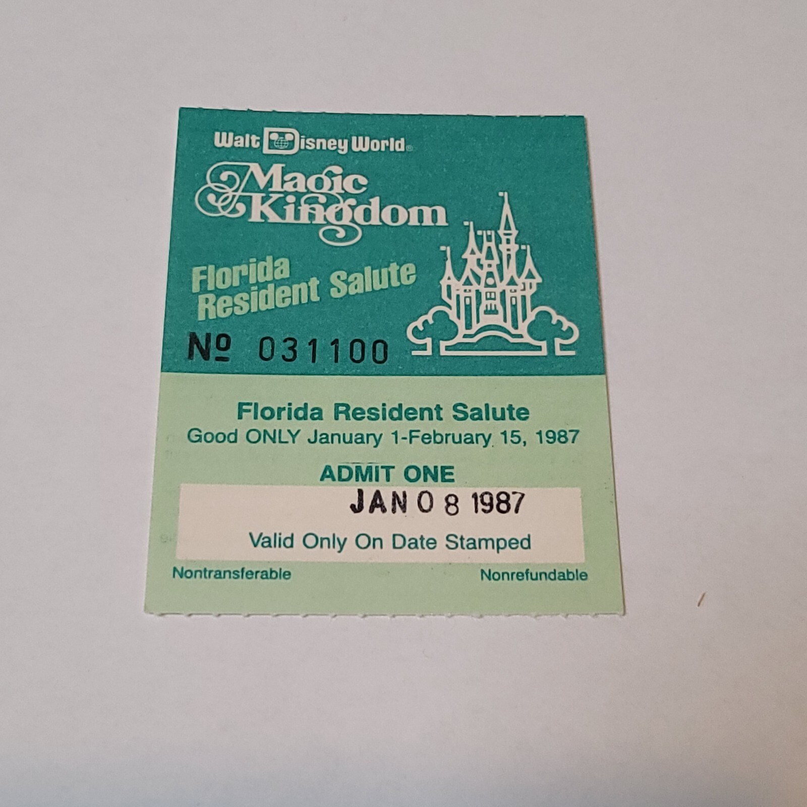 Vtg Walt Disney World Magic Kingdom Ticket Stub Jan 8 1987 Florida Resident eBay