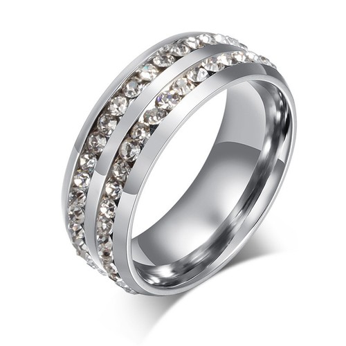 Anillo de boda para mujer Double Rowes AAA CZ correa de compromiso de acero inoxidable talla 5-12 - Imagen 5 de 13